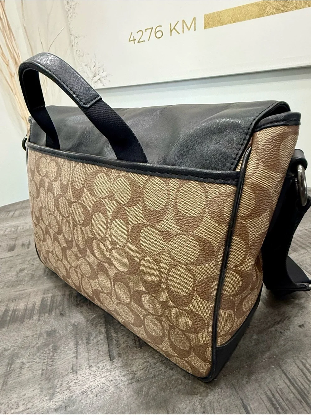 Coach Black Leather & Brown Signature Canvas Messenger Bag with Orange Accents